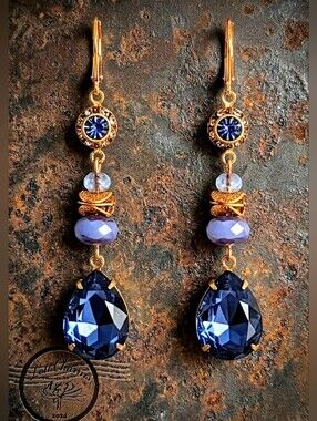 Swarovski Elements Tanzanite Crystal & Flower In Beaded Drop Down Earrings